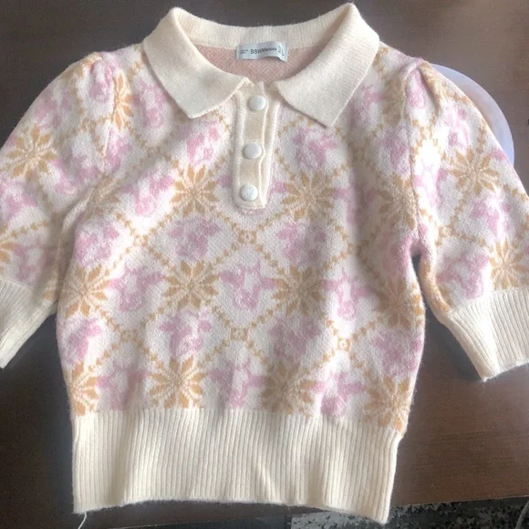 🐮 Cow Pattern Polo Mohair-like Sweater Pink and Cream - Picture 2 of 7